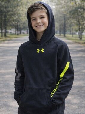 Waffle Knit Under Armour Black Hoodie with Neon Yellow Accents Youth Large